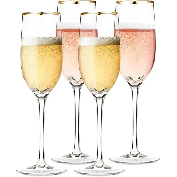 Crystal Champagne Flutes Set of 4 - Elegant Gold Rim Glass Champagne Flutes for Weddings, Parties & Celebrations, 7.7 oz Champagne Glasses, Flute Glasses for Sparkling Wine & Cocktails
