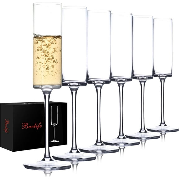 Crystal Champagne Flutes Set of 6 - Hand Blown Champagne Glasses With Long Stem - 6.5 oz Elegant Sparkling Wine Stemware - Unique Gift for Valentine's Day,Birthday,Wedding - Clear