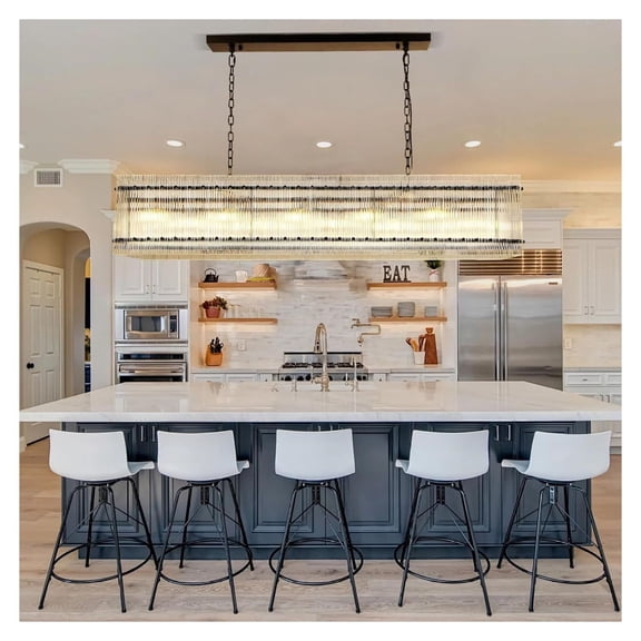 Crystal Chandelier 10-Light, Black Modern Rectangular Pendant Light Fixture for Dining Room Living Room Kitchen Island, Water Ripple Glass Ceiling Light