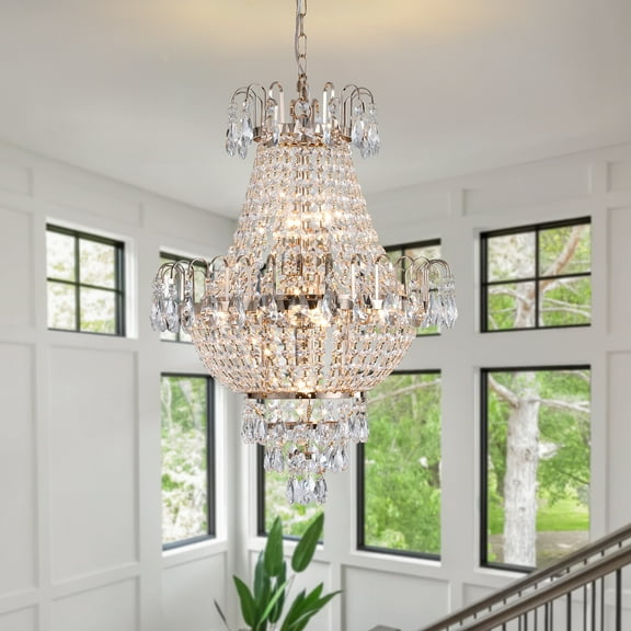 Crystal Chandelier 16.9'' 10-Light Pendant Light in French Gold Finish, Traditional Hanging Light Fixture with K9 Crystals and Adjustable Chain for Dining Room FoyerHigh Ceilings