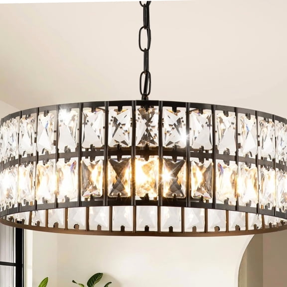 Crystal Chandelier, 3 Light Black Drum Fixture with Clear Prisms, 16 Inch for Dining Room, White