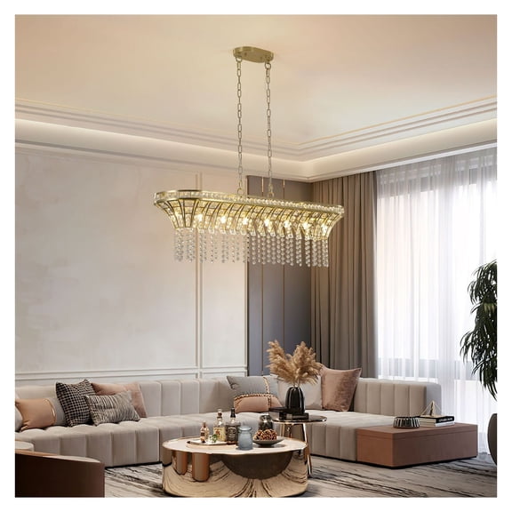Crystal Chandelier 39", Modern Linear Pendant Light, Gold Finish, Rectangular Dining Room Lighting, Living Room Foyer, Cascading Crystal Beads