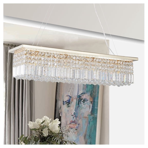 Crystal Chandelier 8-Light Rectangle Dining Room Light, Modern Raindrop Pendant Fixture for Kitchen Island, L39.4'' Contemporary Design