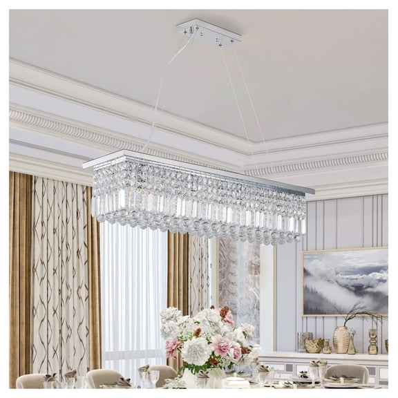 Crystal Chandelier 8-Light Rectangle Dining Room - Modern Raindrop Pendant Light Fixture - Kitchen Island Lighting - White Finish L39.4"