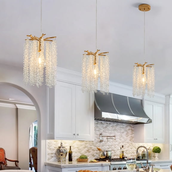 Crystal Chandelier Elegant Gold Finish Waterfall Bead Design Pendant Light, Mini Crystal Chandelier, Adjustable Pendant Light Fixture, Suitable for Kitchen Island, Dining Room, Bedroom (3 pack)