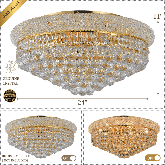 Crystal Chandelier Flush mount lighting 11 lights modern design 24"x10" in Gold color with original Crystals