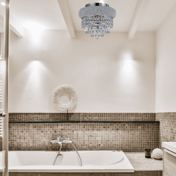 Crystal Chandelier Flush mount lighting 4 lights modern design 12"x6" in Chrome color with original Teardrop Crystals