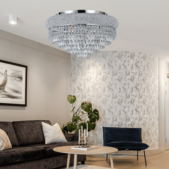 Crystal Chandelier Flush mount lighting 6 lights modern design 20"x10" in Chrome color with original Teardrop Crystals