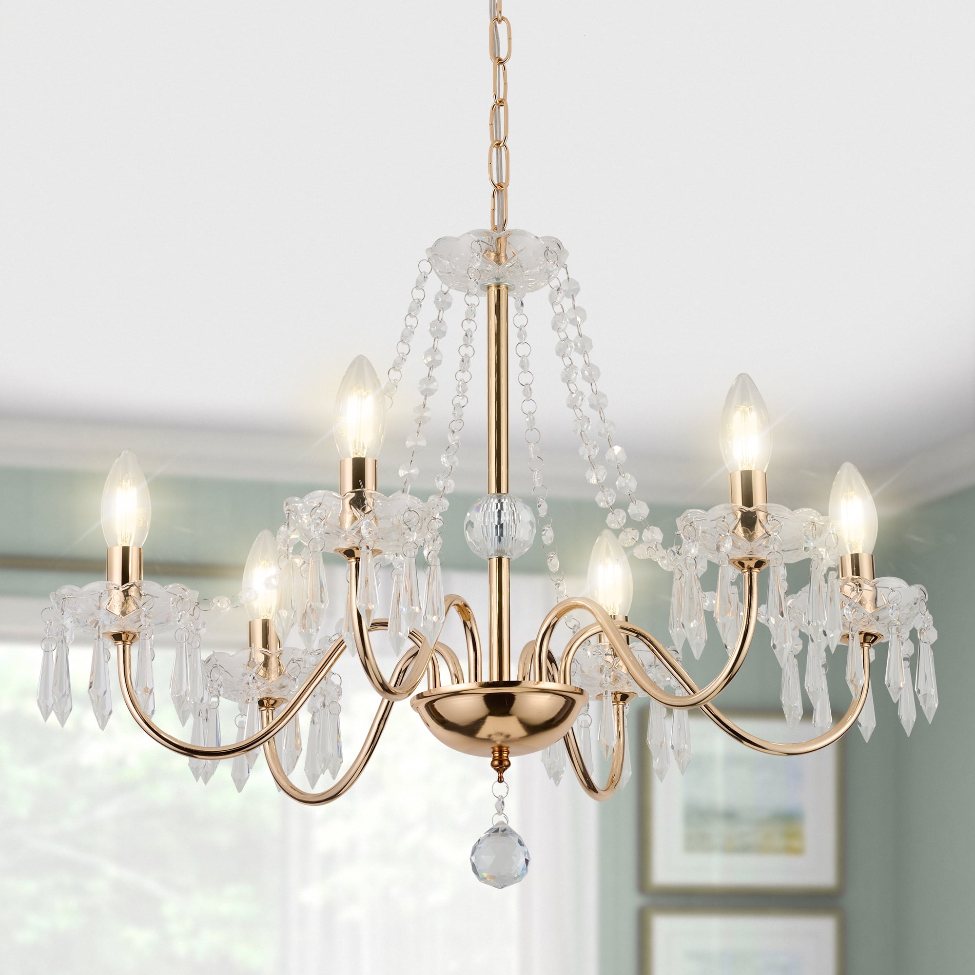 Crystal Chandelier,Gold Pendant Lighting for Living Room 6 Hanging Ceiling Fixture for Wedding,Kitchen,Dining,Foyer,H 18.5" x W 21.3"