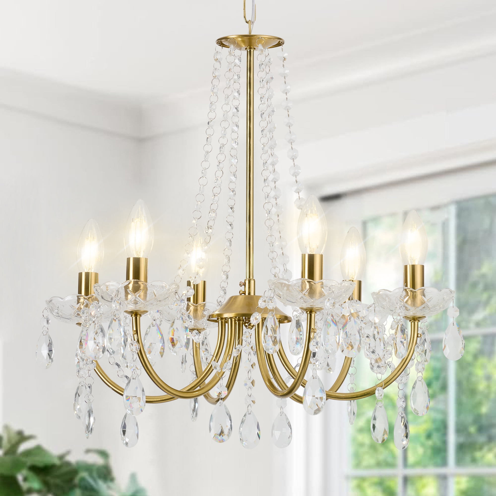 Crystal Chandelier,K9 Crystal Pendant Lighting for Living Room Golden 6 Ceiling Fixture for Wedding,Kitchen,Dining,Foyer,H 18.5" x W 21.3"