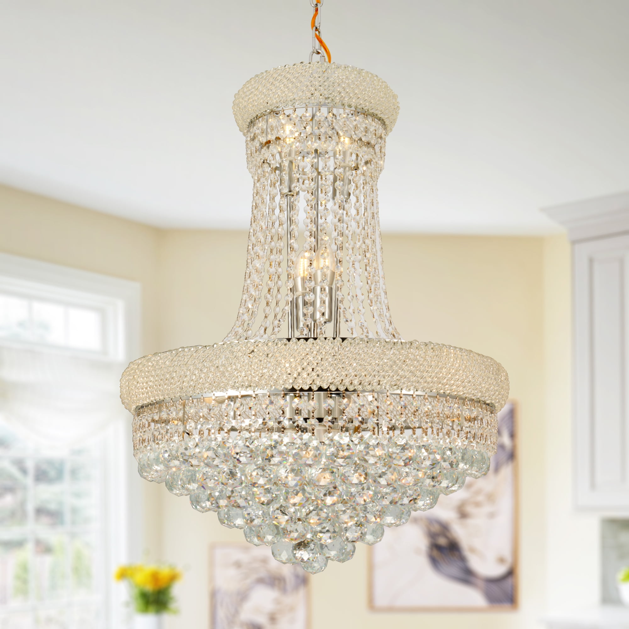 Crystal Chandelier Light fixtures - Diameter 24 inch, 6 layers of crystal Ceiling Chandeliers, Pendant Lighting for Living Room, Staircase, Foyer