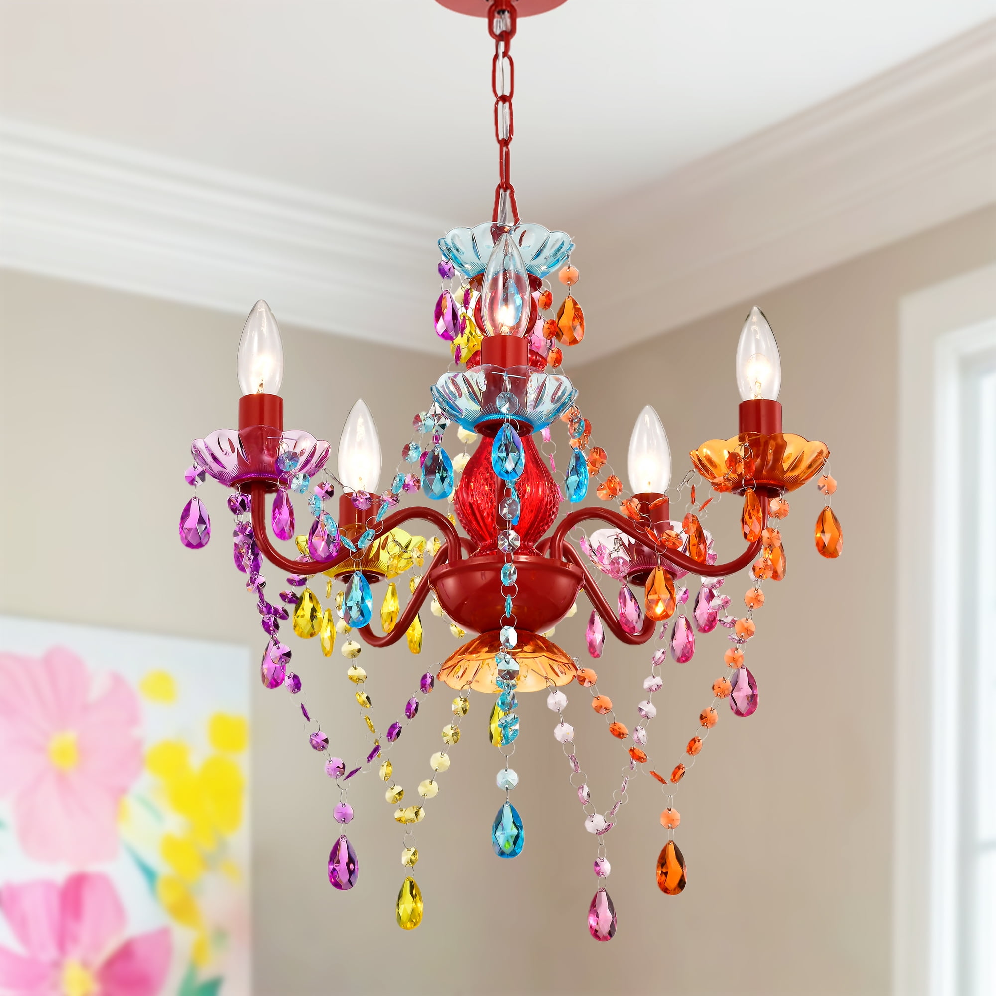 Colorful Kids Chandelier with Acrylic Crystals, 5-Light Pendant Fixture, Red Metal Frame, image size:2000x2000