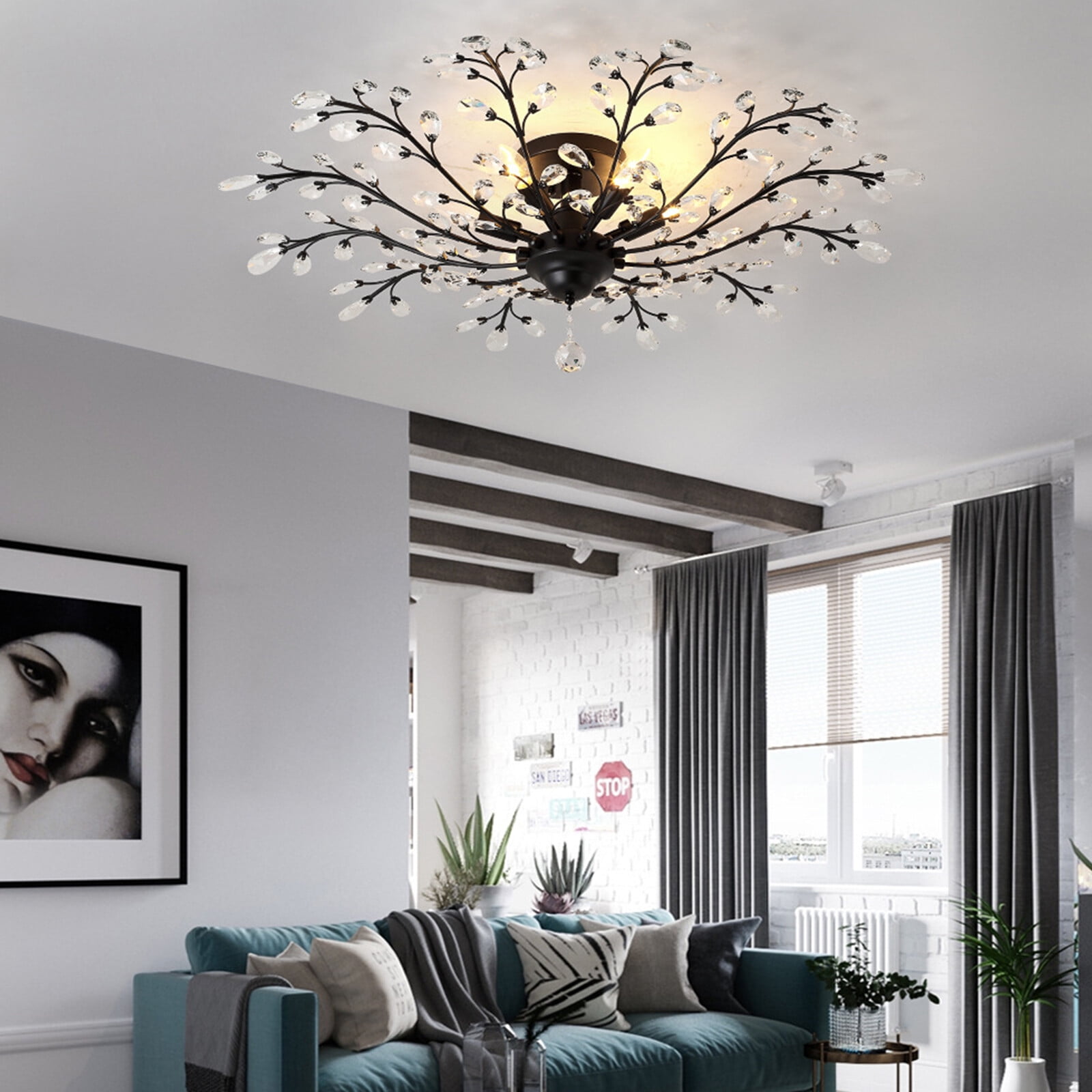 Crystal Chandelier Lighting, Metallic Paint Branches Crystal Chandelier Fixture with 5 Lights, Modern Black Semi Flush Mount Ceiling Light Fixture for Bedroom Living Room