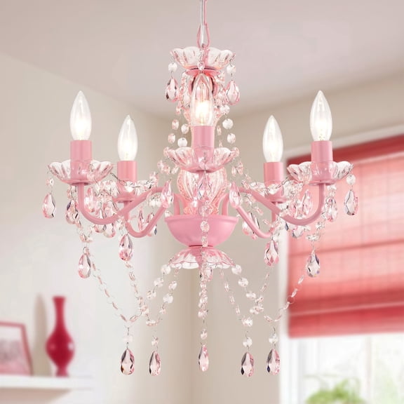 Pink Crystal Chandelier – 5 Light Acrylic Ceiling Fixture for Girls Bedroom, Nursery or Dining Room, 17in Wide