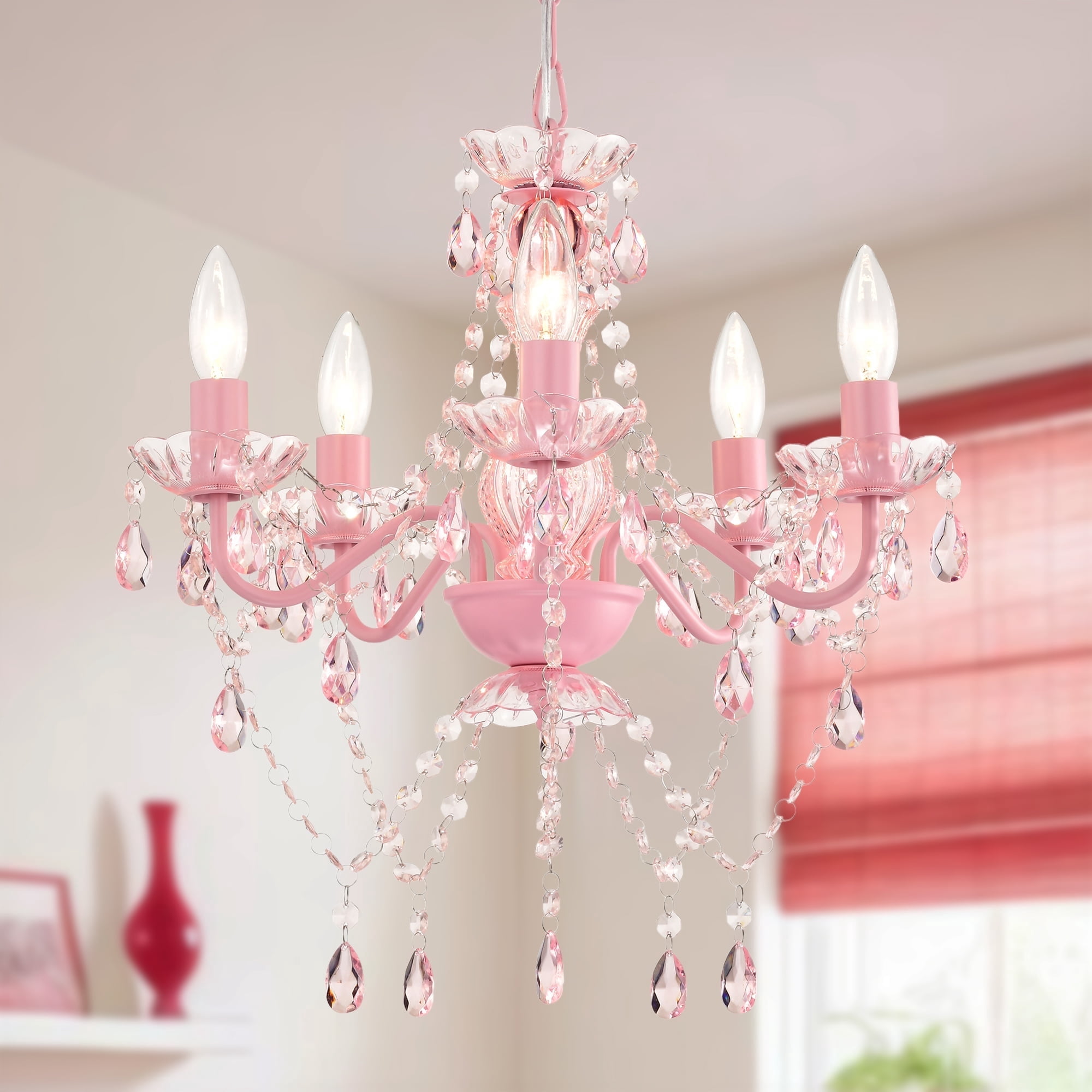 Pink Crystal Chandelier – 5 Light Acrylic Ceiling Fixture for Girls Bedroom, Nursery or Dining Room, 17in Wide