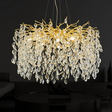 Crystal Chandeliers, 23.6" Modern Gold Chandelier Round Tree Branch Chandelier for Dining Room, Living Room, Kitchen Island, Bedroom, Entryway (6-Light)