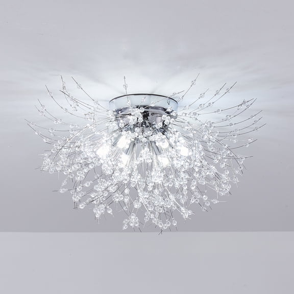 Crystal Chandeliers, 6-Light G9 Base Ceiling Chandelier with Clear Prisms, Silver Finish Open Design Pendant Light Fixture for Living Room Bedroom