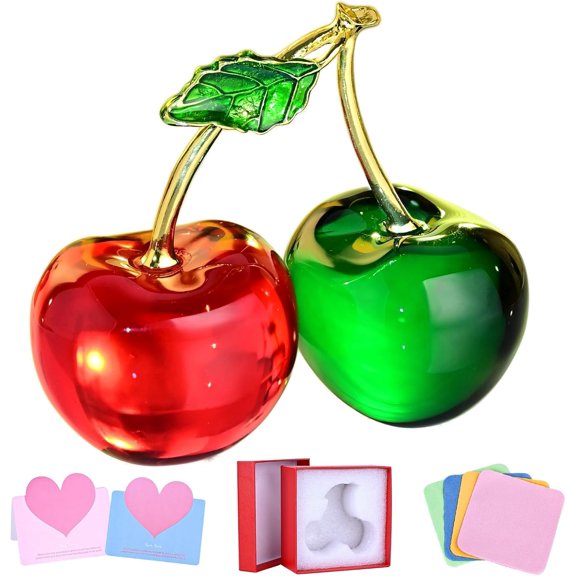 Crystal Cherry Figurine, Glass Cherry Fruit Decor Paperweight, Red Double Crystal Cherries Tabletop Centerpiece for Home Decor, Kitchen, Living Room, Office, Wedding & Christmas Gift