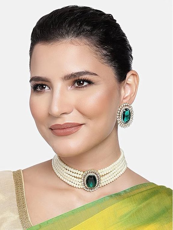 Crystal Choker Necklace with Maang Tikka Earrings Indian Traditional Bridal Wedding Jewellery Set for Women