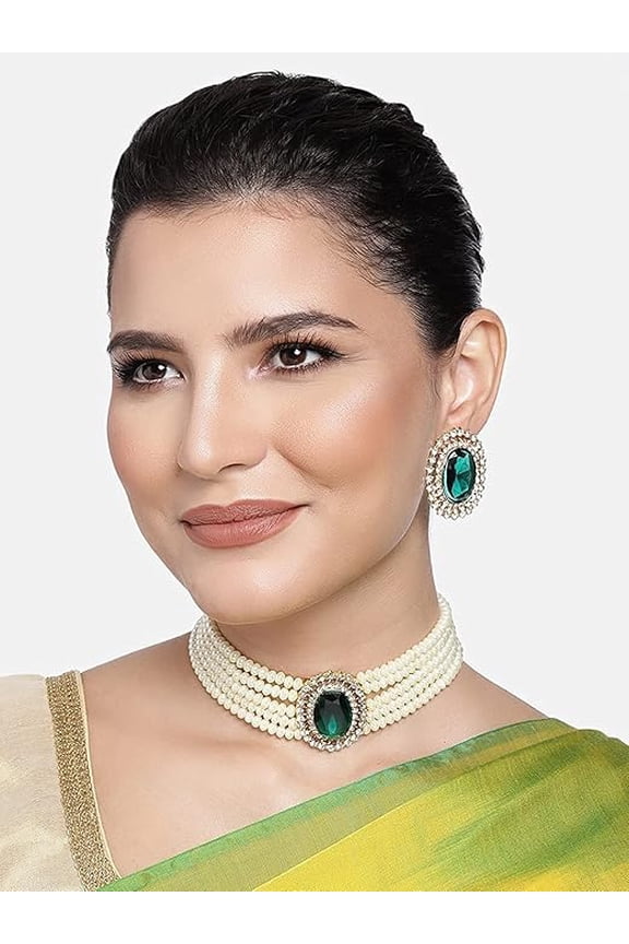 Crystal Choker Necklace with Maang Tikka Earrings Indian Traditional Bridal Wedding Jewellery Set for Women