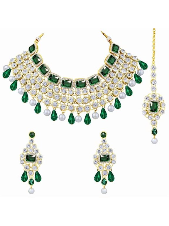 Crystal Choker Necklace with Maang Tikka Earrings Indian Traditional Bridal Wedding Jewellery Set for Women