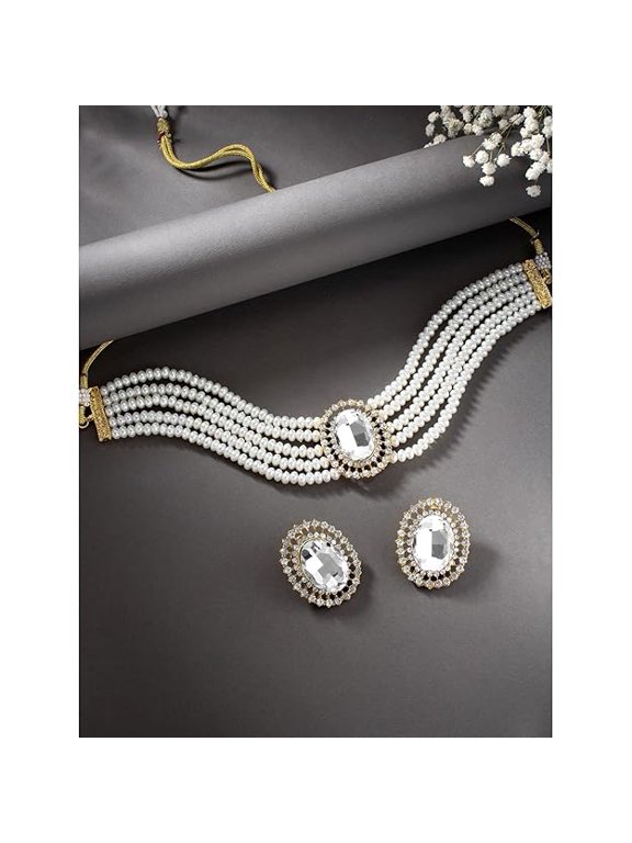 Crystal Choker Necklace with Maang Tikka Earrings Indian Traditional Bridal Wedding Jewellery Set for Women