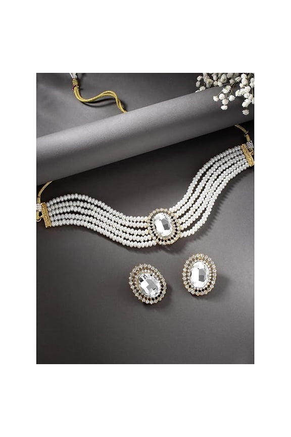 Crystal Choker Necklace with Maang Tikka Earrings Indian Traditional Bridal Wedding Jewellery Set for Women