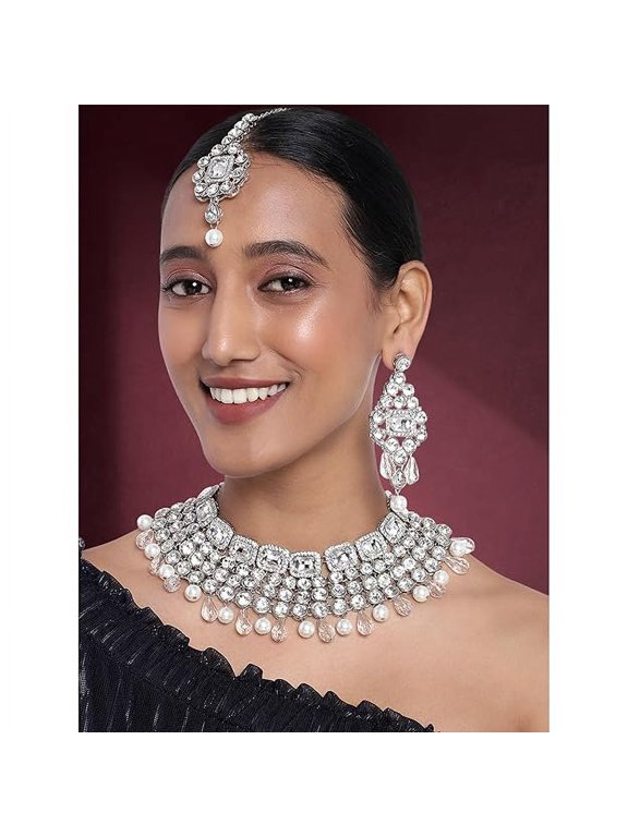 Crystal Choker Necklace with Maang Tikka Earrings Indian Traditional Bridal Wedding Jewellery Set for Women