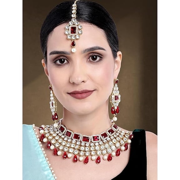 Crystal Choker Necklace with Maang Tikka Earrings Indian Traditional Bridal Wedding Jewellery Set for Women