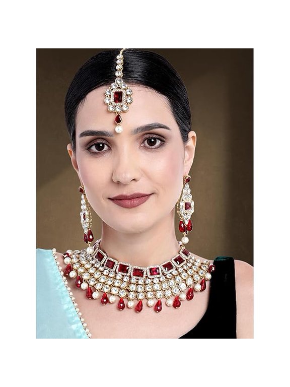 Crystal Choker Necklace with Maang Tikka Earrings Indian Traditional Bridal Wedding Jewellery Set for Women