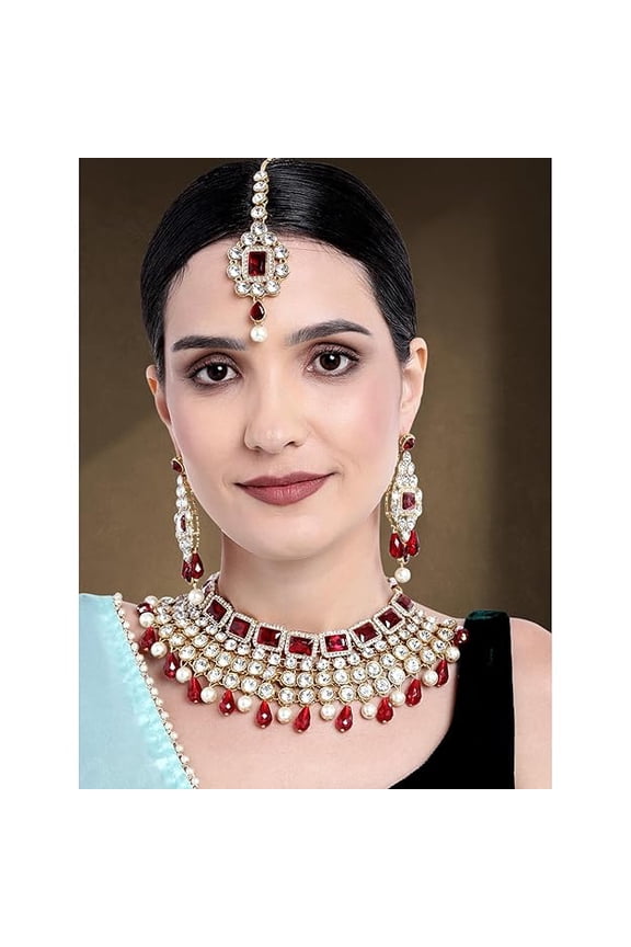 Crystal Choker Necklace with Maang Tikka Earrings Indian Traditional Bridal Wedding Jewellery Set for Women