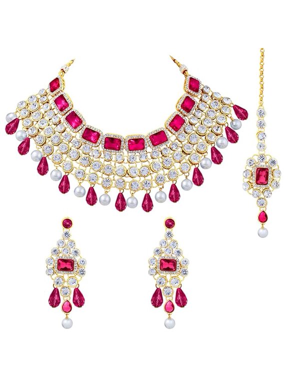 Crystal Choker Necklace with Maang Tikka Earrings Indian Traditional Bridal Wedding Jewellery Set for Women
