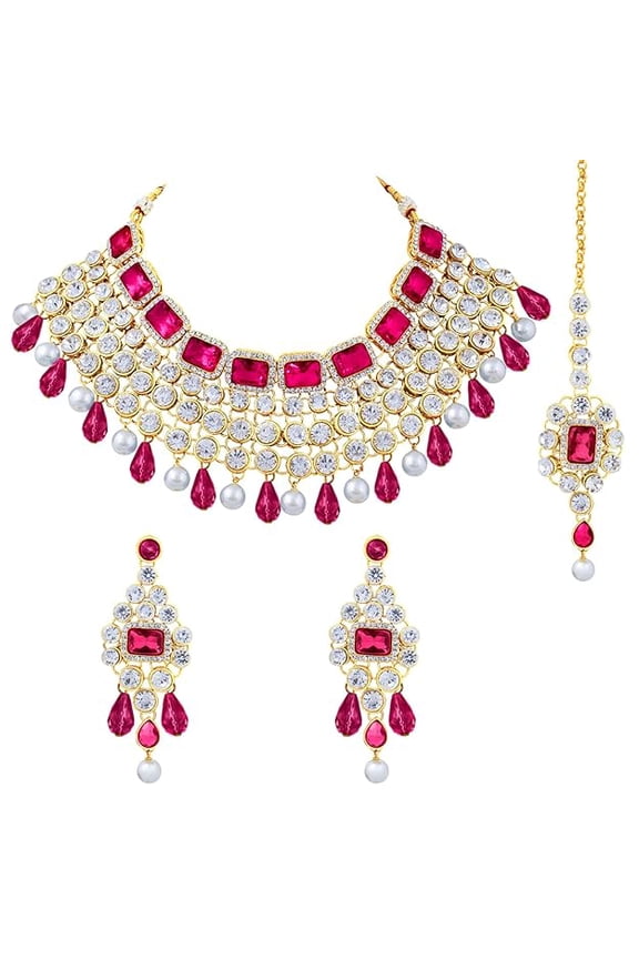 Crystal Choker Necklace with Maang Tikka Earrings Indian Traditional Bridal Wedding Jewellery Set for Women