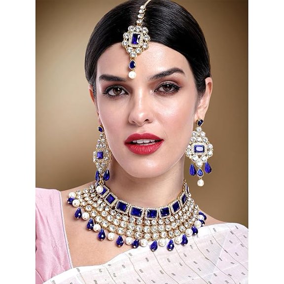 Crystal Choker Necklace with Maang Tikka Earrings Indian Traditional Bridal Wedding Jewellery Set for Women