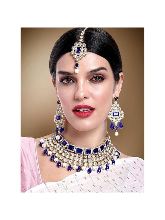 Crystal Choker Necklace with Maang Tikka Earrings Indian Traditional Bridal Wedding Jewellery Set for Women