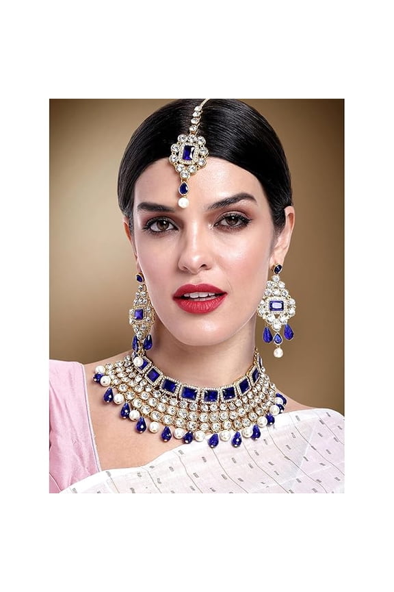 Crystal Choker Necklace with Maang Tikka Earrings Indian Traditional Bridal Wedding Jewellery Set for Women