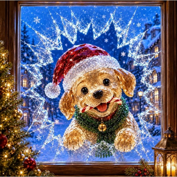 Crystal Christmas Break-In Window Decal,Shattered-Glass Holiday Window Decoration,3D Crystal Style Window Sticker for Home Office Holiday Display (Puppy)