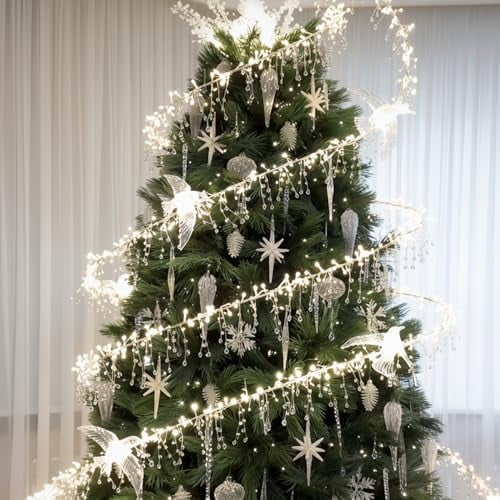 Crystal Christmas Tree Decor Acrylic Crystal LED Fairy Garland Strands with Acrylic Hummingbird Iron Wire 90 Waterdrop Beads Suspension Hanging Ornament for Xmas Tree Fireplace Wedding Party