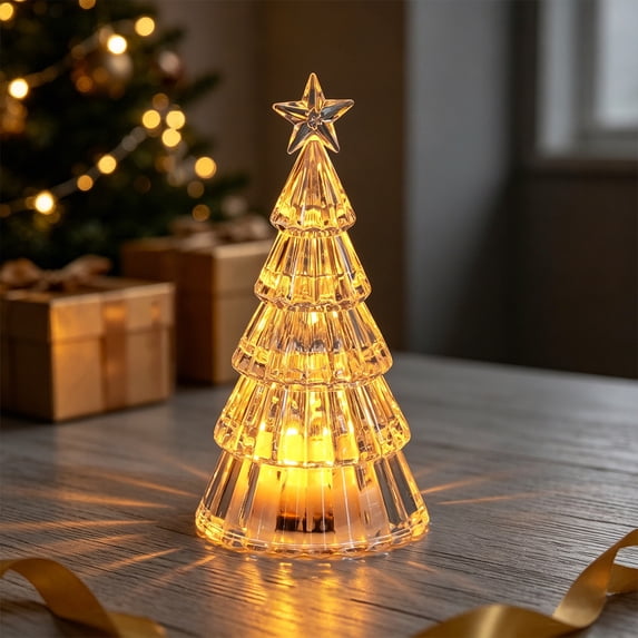 Crystal Christmas Tree Night Light, Battery Powered Tabletop Lamp, Warm LED Glow, Cozy Winter Holiday Indoor Decor, Star Topped Ornament
