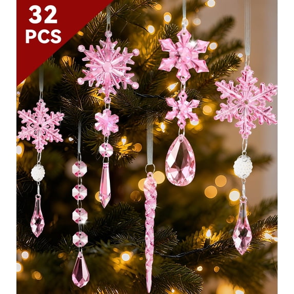 Inadays 32pcs Crystal Christmas Ornaments Set - Pink Acrylic Snowflake & Icicle Drop Hanging Decor for Tree, Winter Wonderland Party