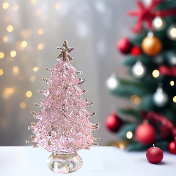 Crystal Christmas Tree Pink Glass Tabletop Decor, Mini Holiday Figurine Ornament for Desk Shelf Home Office Festive Display