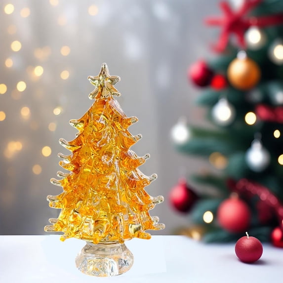 Crystal Christmas Tree Tabletop Decor, Yellow Glass Small Christmas Tree Ornament for Home Office Mantel Holiday Centerpiece Gift