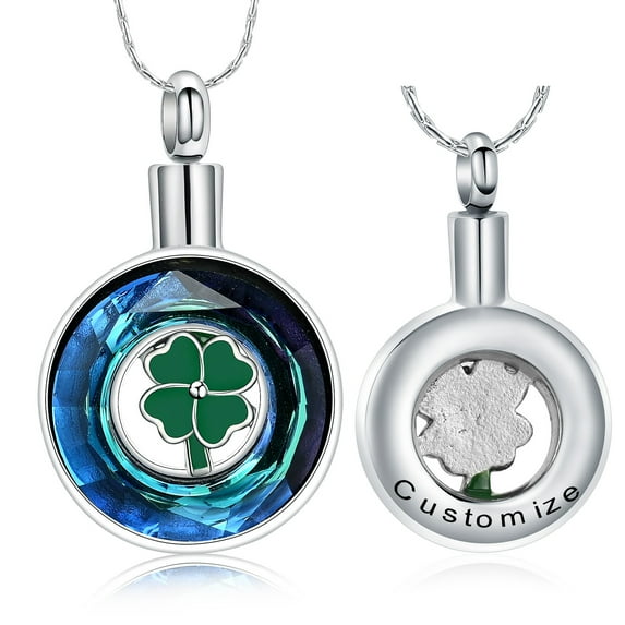 Crystal Circle of Life Cremation Jewelry Memorial Urn Necklace for Ashes Lucky Four-Leaf Clover Stainless Steel Pendant for Women Men Gifts