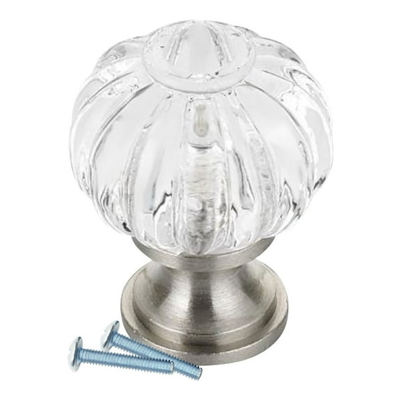 Crystal Clear Acrylic Pumpkin Style, Brushed Nickel Cabinet Hardware Knob, 1-3/32 Inch Diameter