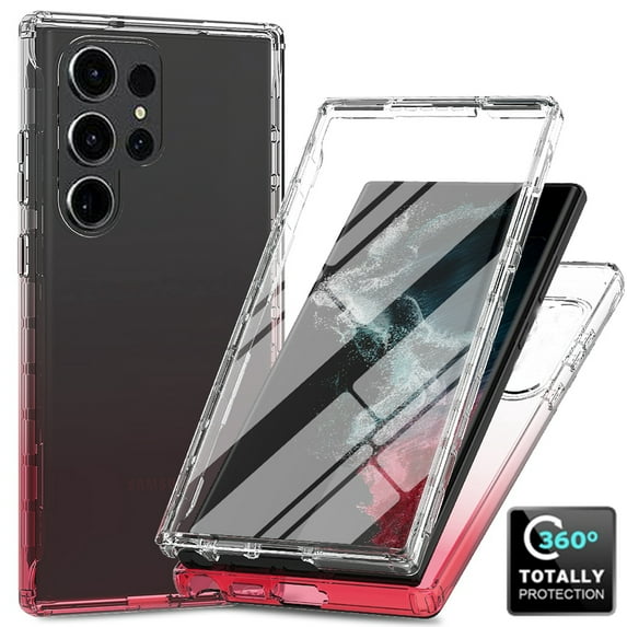 Crystal Clear Case for Samsung Galaxy S22 Ultra, Gradient Design with Built-in Screen Protector Shockproof Anti-Yellowing Case for Galaxy S22 Ultra, Military Grade Protection Phone Cover, Pink