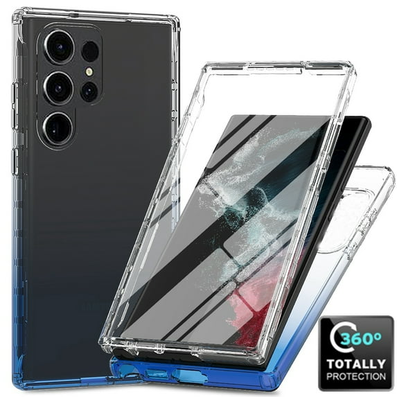 Crystal Clear Case for Samsung Galaxy S22 Ultra, Gradient Design with Built-in Screen Protector Shockproof Anti-Yellowing Case for Galaxy S22 Ultra, Military Grade Protection Phone Cover, Blue