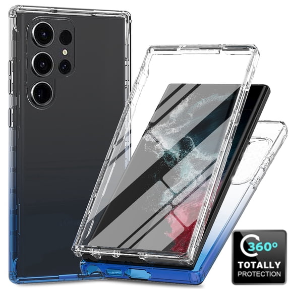 Crystal Clear Case for Samsung Galaxy S24 Ultra, Gradient Design with Built-in Screen Protector Shockproof Anti-Yellowing Case for Galaxy S24 Ultra, Military Grade Protection Phone Cover, Blue