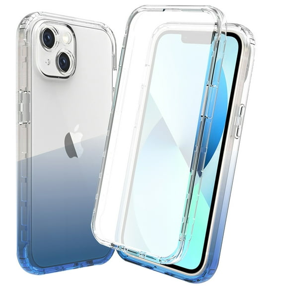Crystal Clear Case for iPhone 14, Gradient Design with Built-in Screen Protector Shockproof Anti-Yellowing Case for iPhone 14, Military Grade Protection Phone Cover, Blue