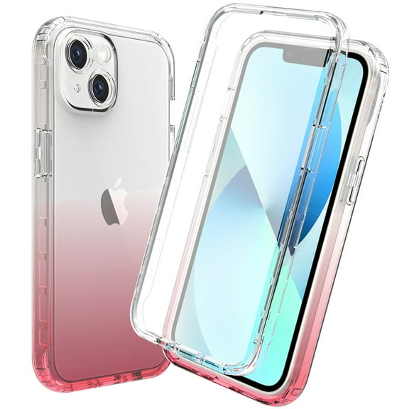Crystal Clear Case for iPhone 14 Plus, Gradient Design with Built-in Screen Protector Shockproof Anti-Yellowing Case for iPhone 14 Plus, Military Grade Protection Phone Cover, Pink