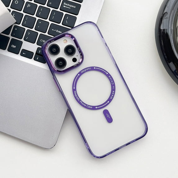 Crystal Clear Case for iPhone 14 Pro, Magnetic Cover Compatible with MagSafe Wireless Charging, Hybrid Rugged PC + TPU Dustproof Shockproof Lens Protection Case for iPhone 14 Pro,Clear/Purple